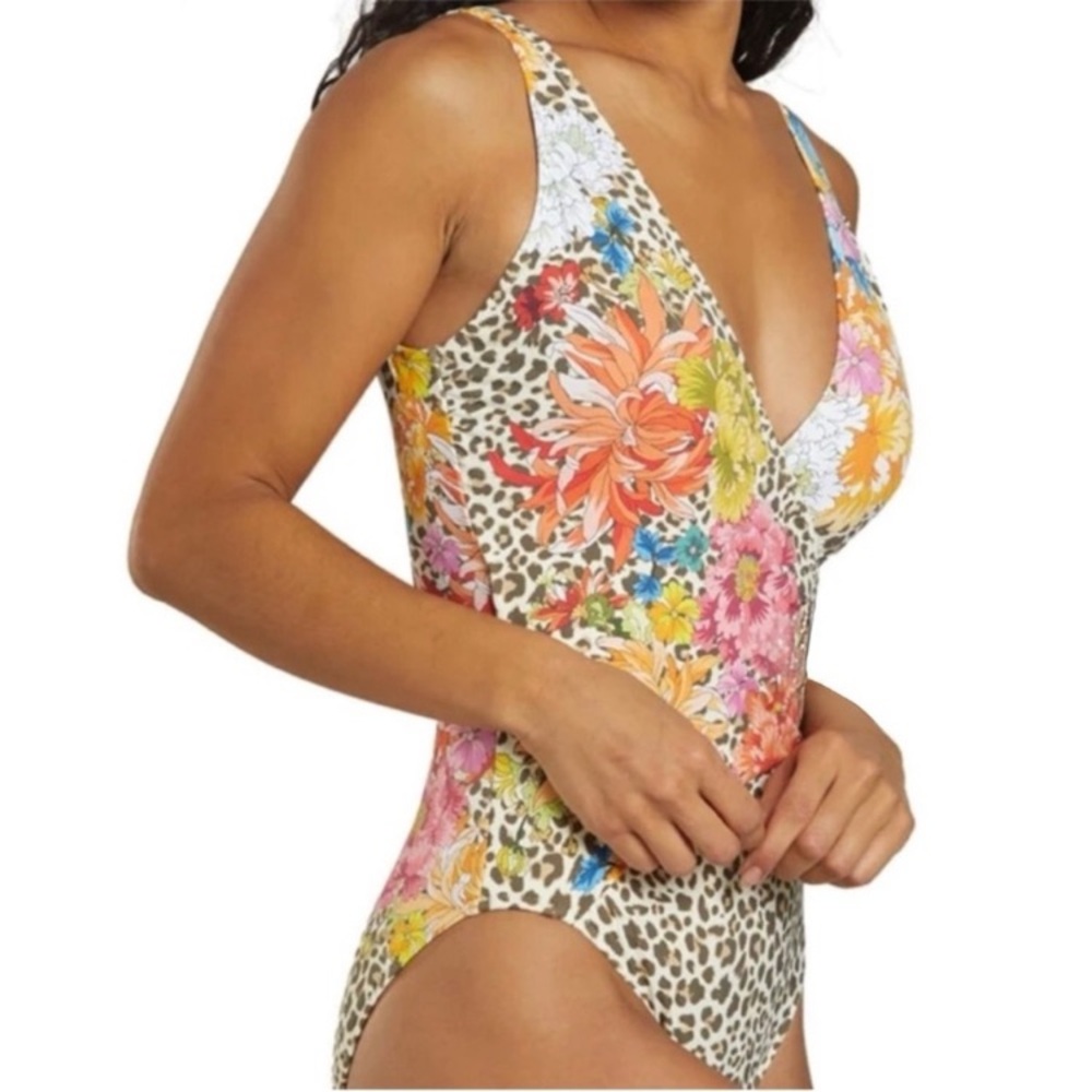 Johnny Was Floral and Leopard Print One Piece Swimsuit